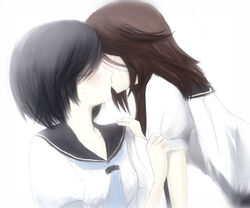  2girls ai_(xieezhilan) black_hair brown_hair closed_eyes commentary_request couple girl_friends_(manga) highres kissing kumakura_mariko multiple_girls oohashi_akiko photoshop_(medium) school_uniform tears yuri 