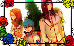  2girls 3boys aiguillette arisugawa_juri aya_tori bishounen blonde_hair blue_eyes blue_flower blue_hair blue_rose closed_eyes commentary_request flower green_flower green_hair green_rose kaoru_miki kiryuu_nanami kiryuu_touga long_hair multiple_boys multiple_girls orange_hair photoshop_(medium) red_flower red_hair red_rose rose saionji_kyouichi school_uniform short_hair shoujo_kakumei_utena yellow_flower yellow_rose 