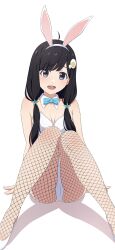  absurdres ahoge animal_ears araragi_tsukihi bare_shoulders black_eyes black_hair blue_bow blue_bowtie bow bowtie breasts collar commentary detached_collar egg_hair_ornament fake_animal_ears female fishnet_pantyhose fishnets food-themed_hair_ornament hair_ornament highres leotard long_hair m_legs monogatari_(series) na-suke open_mouth pantyhose playboy_bunny rabbit_ears simple_background small_breasts smile solo teeth upper_teeth_only white_background white_collar white_leotard 