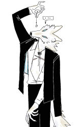  2024 anthro blue_eyes canid canine canis clothed clothing coyote cue_(jariloxe) ellipsis fish_hook fur hi_res hook jariloxe male mammal mastectomy_scar open_clothing open_topwear open_vest scar simple_background solo tail topwear trans_(lore) trans_man_(lore) vest white_background white_body white_fur 