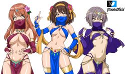  3girls absurdres asahina_mikuru bare_shoulders belly breasts brown_hair cape dancer grey_hair hairband highres large_breasts looking_at_viewer medium_breasts multiple_girls nagato_yuki navel orange_hair purple_cape small_breasts suzumiya_haruhi suzumiya_haruhi_no_yuuutsu t-works underboob white_background 