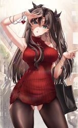  absurdres bag bare_shoulders black_bag black_hair black_ribbon blue_eyes breasts brown_thighhighs car city commentary cross cross_print dress earrings ed_granger english_commentary fate/stay_night fate_(series) female hair_over_breasts hair_ribbon hand_up highres holding holding_bag holding_jewelry holding_necklace jewelry large_breasts light_blush long_hair looking_at_viewer motor_vehicle necklace open_mouth outdoors red_dress ribbon ring shadow sideboob single_earring sleeveless sleeveless_dress solo sunlight teeth thighhighs thighs tohsaka_rin tongue turtleneck turtleneck_dress twintails upper_teeth_only 