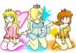  3girls female human kneeling lingerie mario_(series) multiple_girls nintendo princess_daisy princess_peach princess_rosalina xero-j 