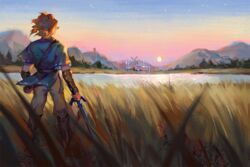  1boy blonde_hair champion&#039;s_tunic_(zelda) grass holding holding_weapon house link looking_ahead outdoors pixiescout pointy_ears ponytail sky star_(sky) sunset sword the_legend_of_zelda the_legend_of_zelda:_breath_of_the_wild weapon windmill 