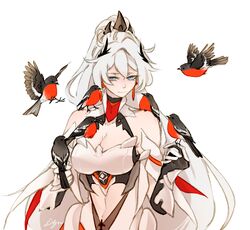  animal bare_shoulders bird blue_eyes breasts cleavage closed_mouth cloud_ya female gauntlets hair_ornament highres honkai_(series) honkai_impact_3rd kiana_kaslana kiana_kaslana_(herrscher_of_flamescion) large_breasts navel signature solo stomach tied_hair white_hair 