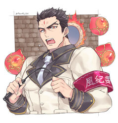  1boy absurdres aizen_(housamo) armband artist_name bara between_pectorals black_hair cropped_torso facial_mark fire forehead_mark forked_eyebrows halo halo_behind_head highres large_pectorals looking_at_viewer male_focus manami_(fearfac666) muscular muscular_male necktie necktie_between_pectorals open_mouth pectorals red_eyes short_hair solo tokyo_afterschool_summoners upper_body 