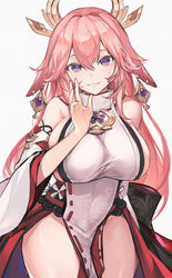  absurdres breasts detached_sleeves fanshu female fingernails genshin_impact grey_background hair_between_eyes hair_ornament highres japanese_clothes large_breasts long_hair looking_at_viewer miko nail_polish pink_hair priestess purple_eyes red_nails simple_background smile solo thighs yae_(genshin_impact) 