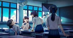  2boys 4girls black_hair blue_neckwear blue_skirt bow bowtie brown_hair classroom closed_eyes glasses highres korean_commentary long_hair looking_at_another looking_down looking_up multiple_boys multiple_girls necktie open_mouth original ponytail popuru school_uniform short_hair skirt summer yellow_eyes 