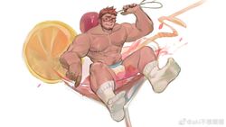  1boy abs akiyama_(aki11018655) bara beard_stubble brown_hair bulge calf cocktail_glass cup dark-skinned_male dark_skin drinking_glass facial_hair feet food fruit full_body hand_up highres large_pectorals lemon lemon_slice looking_to_the_side male_focus male_underwear mature_male mini_person miniboy muscular muscular_male navel navel_hair nipples orange-tinted_eyewear original partially_submerged pectorals short_hair sideburns sideways_glance smile socks solo stomach stubble sunglasses tinted_eyewear topless_male underwear wet wet_clothes wet_male_underwear white_male_underwear white_socks 