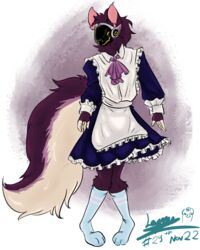  4:5 anthro black_clothing blue_clothing blue_knee_highs blush claws clothing dated excessive_fluff finger_claws fluffy fluffy_hair fluffy_tail fur hair hi_res knee_highs knee_tuft knock-kneed lappiedaien leg_tuft legwear machine maid_uniform male neck_tuft pink_ears protogen purple_body purple_bow purple_clothing purple_fur simple_background smile solo tail tan_body tan_fur tuft uniform vapor_holloway watermark white_clothing yellow_eyes 