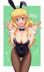  2023 absurdres animal_ears black_bow black_bowtie black_leotard blonde_hair blue_eyes bow bowtie breasts cleavage covered_navel detached_collar female green_background highres idolmaster idolmaster_cinderella_girls large_breasts leotard looking_at_viewer new_year nigou ohtsuki_yui open_mouth pantyhose playboy_bunny rabbit_ears round_teeth smile solo standing strapless strapless_leotard teeth thigh_gap upper_teeth_only wrist_cuffs 