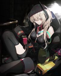  assault_rifle banana_(girls&#039;_frontline) black_jacket black_thighhighs blonde_hair breasts cleavage commentary dinergate_(girls&#039;_frontline) female girls&#039;_frontline grin gun hair_over_eyes headgear horn_speaker jacket knee_up long_sleeves looking_at_viewer m4_carbine m4_sopmod_ii m4_sopmod_ii_(girls&#039;_frontline) m4_sopmod_ii_(mod3)_(girls&#039;_frontline) mechanical_arms medium_breasts medium_hair non-humanoid_robot rifle robot sidelocks single_mechanical_arm sitting smile solo speaker thighhighs tunamayo_(dsasd751) weapon yellow_eyes 