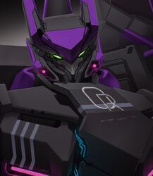  black_background close-up glowing glowing_eyes green_eyes head_tilt iron_saga looking_at_viewer mecha no_humans order_(iron_saga) robot solo yi_huizi 