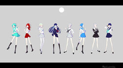  6+others ahoge androgynous antarcticite aqua_eyes aqua_hair aqua_neckerchief aqua_sailor_collar aqua_skirt arm_at_side bare_legs black_footwear black_neckerchief black_sailor_collar black_serafuku black_shirt black_skirt black_socks blouse blue_eyes blue_hair blue_sailor_collar blue_serafuku blue_skirt blunt_bangs bob_cut cairngorm_(houseki_no_kuni) cinnabar_(houseki_no_kuni) circle commentary_request crossed_arms diamond_(houseki_no_kuni) euclase_(houseki_no_kuni) full_body full_moon golden_arms gradient_hair grey_background grey_sailor_collar grey_skirt hair_strand hand_on_own_hip hand_up houseki_no_kuni index_finger_raised kneehighs kuro_no_suke_(kurotu962kurotu) lapis_lazuli_(houseki_no_kuni) letterboxed lineup long_hair long_sleeves looking_at_viewer miniskirt moon multicolored_hair multiple_others neckerchief phosphophyllite phosphophyllite_(ll) pleated_skirt profile red_eyes red_hair red_sailor_collar sailor_collar school_uniform serafuku shirt shoes short_hair short_hair_with_long_locks short_sleeves sidelocks simple_background skirt skirt_set smile socks spoilers standing thighhighs white_sailor_collar white_shirt white_socks white_thighhighs zettai_ryouiki 