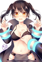  1boy absurdres baggy_pants black_bra black_coat black_hair blush bra breasts cleavage coat commentary_request embarrassed en&#039;en_no_shouboutai fangs female firefighter grabbing grabbing_another&#039;s_breast grey_pants groin hair_between_eyes hands_up highres hip_vent long_hair medium_breasts navel open_clothes open_coat open_mouth pants simple_background skin_fangs solo_focus straight surprised tamaki_kotatsu twintails underwear white_background wide_sleeves xx_momomo_xx yellow_eyes 