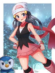  black_socks blue_eyes blue_hair boots dawn_(pokemon) female hair_ornament hat highres holding holding_poke_ball kneehighs long_hair miniskirt outdoors pink_footwear piplup poke_ball poke_ball_(basic) pokemon pokemon_(creature) pokemon_dppt poketch scarf skirt sleeveless snowing socks tree wakaba_(wata_ridley) watch wristwatch 