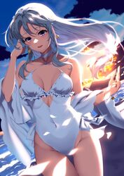  ass_visible_through_thighs asymmetrical_bangs bare_shoulders breasts casual_one-piece_swimsuit cloud commentary_request cowboy_shot cutout_above_navel female flower frilled_one-piece_swimsuit frills gradient_sky grey_hair hair_flower hair_ornament hairband highleg highleg_swimsuit highres kagari_liroi kantai_collection long_hair official_alternate_costume one-piece_swimsuit outdoors purple_eyes sagiri_(kancolle) sagiri_kai_(swimsuit_mode)_(kancolle) shawl side-tie_swimsuit sky solo sunset swept_bangs swimsuit thigh_gap white_one-piece_swimsuit white_shawl 