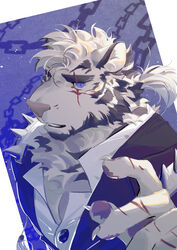  1boy animal_ears arknights bara chains chest_hair eyebrow_cut furry highres looking_at_viewer male_cleavage male_focus medium_hair messy_hair mountain_(arknights) mountain_(dark_cloud)_(arknights) muscular muscular_male official_alternate_costume partially_unbuttoned pectorals scar scar_across_eye seato-hao solo thick_eyebrows tied_hair tiger_boy tiger_ears upper_body white_fur white_hair 