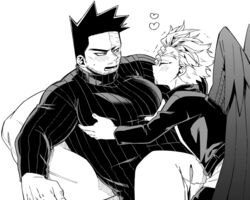  2boys bara beard blush boku_no_hero_academia endeavor_(boku_no_hero_academia) facial_hair grabbing greyscale hawks_(boku_no_hero_academia) heart large_pectorals male_focus mature_male miso_(mimimiso) monochrome multiple_boys muscular muscular_male pectoral_grab pectorals pushing_away scar scar_across_eye scar_on_face short_hair sideburns spiked_hair stubble sweater upper_body 