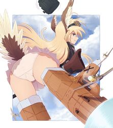  ass bf_109 bird_tail blonde_hair blue_eyes blue_sky border cloud commentary drum_magazine english_commentary female flying giant giantess goggles goggles_on_head hanna-justina_marseille highres long_hair looking_at_viewer magazine_(weapon) outside_border panties raps_(yohomeboyraps) sky smile solo striker_unit tail thighs underwear unworn_headwear white_border white_panties witches_of_africa world_witches_series 