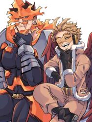  2boys beard boku_no_hero_academia crossed_legs endeavor_(boku_no_hero_academia) facial_hair fur-trimmed_jacket fur_trim hawks_(boku_no_hero_academia) jacket large_pectorals looking_at_viewer male_focus mature_male miso_(mimimiso) multiple_boys muscular muscular_male one_eye_closed pectorals red_hair scar scar_across_eye scar_on_face short_hair sideburns spiked_hair stroking_beard stubble thick_thighs thighs 