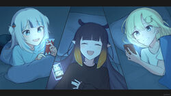  alternate_costume blonde_hair blue_eyes blue_hair blunt_bangs cellphone gawr_gura grey_hair hair_ornament highres hololive hololive_english long_hair multicolored_hair multiple_girls ninomae_ina&#039;nis oerba_yun_fang open_mouth orinte phone pillow pointy_ears purple_hair shark_hair_ornament sharp_teeth shirt smartphone streaked_hair teeth tentacle_hair upper_teeth_only virtual_youtuber watson_amelia 