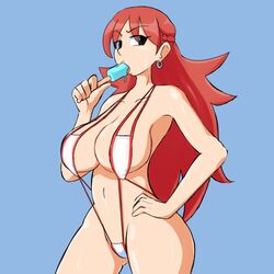  bikini blue_background braid breasts cleavage commission cowboy_shot earrings eating female food french_braid fupoo hand_on_own_hip holding holding_food jewelry large_breasts long_hair looking_at_viewer md5_mismatch mega_man_(series) mega_man_battle_network_(series) mega_man_battle_network_1 ms._madd_(mega_man) navel popsicle red_hair shadow simple_background slingshot_swimsuit solo swimsuit very_long_hair white_bikini 