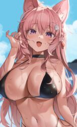  absurdres ahoge animal_ear_fluff animal_ears bare_arms bare_shoulders bikini black_bikini black_choker blurry braid breasts choker cleavage commentary covered_nipples depth_of_field female hair_bun hair_ornament hairclip hakui_koyori halterneck hand_up highleg highleg_bikini highres hololive kithera large_breasts long_hair looking_at_viewer navel oerba_yun_fang open_mouth pink_hair purple_eyes smile solo stomach strap_gap string_bikini swimsuit upper_body virtual_youtuber wet wolf_ears wolf_girl 