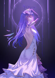  absurdres arknights arm_up ass backless_dress backless_outfit bare_back blue_eyes breasts bridal_gauntlets closed_mouth detached_sleeves dress female floating_hair from_side highres innoarukugyou large_breasts layered_dress long_dress long_hair long_sleeves looking_at_viewer looking_back mostima_(arknights) mostima_(spellbreaker)_(arknights) nail_polish profile purple_background purple_hair purple_nails purple_sleeves shoulder_blades sideboob sleeveless sleeveless_dress solo standing very_long_hair white_dress 