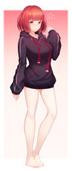  barefoot black_hoodie blunt_bangs bottomless breasts commentary feet female flying_sweatdrops frown full_body gem highres holding holding_jewelry holding_ring hood hoodie jewelry ju-ok large_breasts legs long_sleeves looking_at_viewer original photoshop_(medium) red_eyes red_hair ring short_hair slit_pupils solo standing toes 