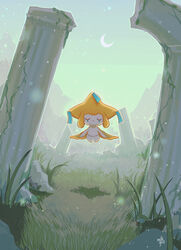  broken broken_pillar closed_eyes column commentary crescent_moon facing_viewer floating grass highres jirachi moon no_humans outdoors pillar plant pokemon pokemon_(creature) ruins shari_cote signature sky solo vines 