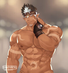  1boy abs absurdres alternate_eye_color arm_tattoo artist_name bara bare_pectorals brown_hair dark-skinned_male dark_skin facial_hair fingerless_gloves gloves goatee hand_on_own_neck headband highres large_pectorals long_sideburns male_focus multicolored_hair muscular muscular_male navel nipples pectorals pointy_ears short_hair sideburns solo spiked_hair stomach_tattoo tangaroa_(housamo) tattoo tokyo_afterschool_summoners two-tone_hair upper_body veins white_hair zagghov 