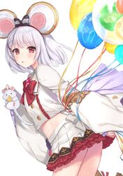  animal animal_ears balloon bow bowtie brooch buttons carrying commentary_request cowboy_shot crop_top crop_top_overhang fake_animal_ears female frilled_skirt frills granblue_fantasy hair_ornament hairbow hairclip heart heart_brooch jewelry kon_(k0n16) looking_at_viewer midriff miniskirt mouse_(animal) mouse_ears parted_lips pleated_skirt red_bow red_eyes shirt short_hair skirt solo thighs vikala_(granblue_fantasy) white_hair white_shirt white_skirt wide_sleeves 