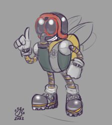  2023 4_fingers ambiguous_gender anthro armor arthropod backpack badgerben boots clothing fan_character fingers fly_(animal) flyguy footwear gloves grey_background handwear headgear helmet insects sega simple_background smile solo sonic_the_hedgehog_(series) teeth topwear vest wings 