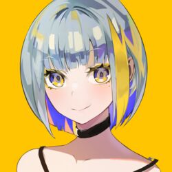  black_choker blue_eyes blue_hair bob_cut choker closed_mouth colored_inner_hair commentary_request daiiichukiii eyelashes female grey_hair looking_at_viewer mole mole_under_eye multicolored_eyes multicolored_hair original portrait short_sleeves simple_background smile solo two-tone_hair yellow_background yellow_eyes 