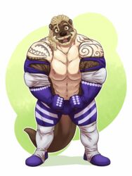  3:4 abs anthro athletic beard biceps big_muscles bottomwear clothed clothing digital_media_(artwork) dreadlocks eclipticafusion facial_hair flexing fur hair hi_res looking_at_viewer male mammal manly maverick_gunshow muscular muscular_anthro muscular_arms muscular_legs muscular_male mustelid otter pecs pose solo tattoo topless 