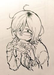  bread breasts commentary dagashi_kashi eating female food glasses highres jacket kotoyama looking_at_viewer medium_hair monochrome owari_hajime semi-rimless_eyewear shirt simple_background solo white_background 