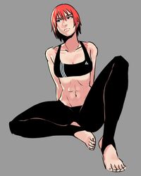  barefoot black_sports_bra breasts brown_eyes feet female grey_eyes hair_between_eyes han_soo-min_(hanny) hanny_(uirusu_chan) highres legs looking_at_viewer navel open_mouth original pants red_hair short_hair small_breasts solo sports_bra tekken tekken_7 toes yoga_pants 