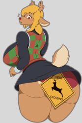  2022 2:3 absurd_res anthro antlers ass big_breasts big_butt blonde_hair blush blush_stickers bodily_fluids bottomwear breasts brown_body brown_eyes butt_focus butt_pose checkered checkered_clothing clothed clothing crossing_sign curvy_figure deer deltarune female fur furgonomics grey_background hair hi_res horn huge_breasts huge_butt information_sign johnmarten looking_back looking_down mammal multicolored_body new_world_deer noelle_holiday open_mouth panties pattern_clothing portrait pose purple_clothing purple_panties purple_underwear raised_tail red_nose reindeer road_sign scut_tail short_tail sign sign_graphic simple_background skirt solo surprise sweat sweatdrop sweater sweater_vest tail tail_through_skirt three-quarter_portrait topwear traffic_sign two_tone_body undertale_(series) underwear upskirt vest voluptuous wearing_sign wide_hips wildlife_crossing_sign 