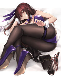  animal_ears bottle bow bowtie breasts commentary_request cup detached_collar drinking_glass fake_tail fate/grand_order fate_(series) female hair_intakes high_heels large_breasts long_hair lying menu official_alternate_costume on_side pantyhose parfaitlate playboy_bunny purple_hair rabbit_ears rabbit_tail red_eyes scathach_(fate) scathach_(piercing_bunny)_(fate) smile solo tail wine_bottle wine_glass wrist_cuffs 