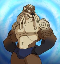  abs anthro athletic beard biceps big_muscles bottomwear cartoonjunkie clothed clothing digital_media_(artwork) dreadlocks facial_hair fur hair looking_at_viewer male mammal manly maverick_gunshow muscular muscular_anthro muscular_arms muscular_legs muscular_male mustelid otter pecs pose solo tattoo topless 