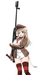  absurdres animal_ears ass_visible_through_thighs blue_eyes bow bow_panties boys_anti_tank_rifle brown_hat brown_jacket cat_ears cat_girl cat_tail commentary_request cowboy_shot crotch_seam female flat_cap gun hat highres holding holding_gun holding_weapon jacket kaneko_(novram58) light_brown_hair long_hair long_sleeves looking_at_viewer necktie no_pants open_mouth panties photoshop_(medium) red_necktie red_thighhighs shirt simple_background smile solo standing strike_witches:_katayoku_no_majo-tachi striped_clothes striped_thighhighs tail thighhighs underwear weapon white_background white_shirt wilma_bishop world_witches_series 