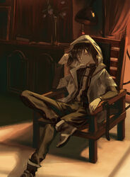  1boy 7ife absurdres animal_ears arknights ayerscarpe_(arknights) bad_id bad_pixiv_id bandaid bandaid_on_face bandaid_on_nose book book_stack bracelet brown_hair chair crossed_legs flower hair_between_eyes highres hood hood_up infection_monitor_(arknights) jacket jewelry long_sleeves male_focus orange_eyes pants rabbit_ears short_hair sitting solo 