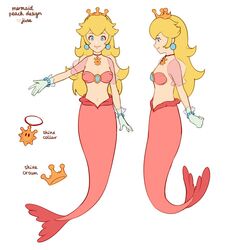  artist_name blonde_hair blue_eyes bracelet breasts brooch character_name cleavage closed_mouth collar commentary crown earrings english_commentary english_text female gloves jewelry jivke kneeless_mermaid long_hair looking_at_viewer mario_(series) mermaid mermaid_costume midriff monster_girl multiple_views navel pale_skin princess_peach reference_sheet shell shell_bikini shine_sprite smile tail white_background 