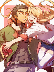  1boy abs akihiro_altland belt black_belt black_hair black_shirt blonde_hair blue_shorts box closed_eyes couple earrings female gift green_jacket grey_pants gundam gundam_tekketsu_no_orphans heart heart-shaped_box heart_earrings highres hug jacket jewelry lafter_frankland long_hair low_twintails mecyo_(mamezurushiki) open_mouth pants pink_nails shirt short_shorts shorts straight thick_eyebrows thighhighs twintails white_background white_jacket white_legwear 