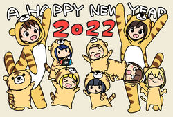  &gt;_&lt; 2022 6+girls :3 akamatsu_yui angry animal_costume animal_print aoyama_kotoha_(mitsuboshi_colors) arm_up arms_up black_hair blonde_hair blue_hair blunt_bangs blush_stickers brown_hair chibi chinese_zodiac closed_mouth commentary_request dot_mouth full_body hands_up happy_new_year highres hitori_bocchi hitoribocchi_no_marumaru_seikatsu honshou_aru katsuwo_(cr66g) kise_saki kurai_kako looking_at_another mitsuboshi_colors multiple_girls new_year nintendo_switch open_mouth shrugging simple_background smile sotoka_rakita split_mouth sunao_nako tiger tiger_costume tiger_print year_of_the_tiger yellow_background 