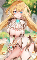  ahoge ascot blonde_hair blue_eyes blush breasts cleavage clothing_cutout commission female highleg highleg_leotard highres kinona large_breasts leotard long_hair long_sleeves looking_at_viewer navel navel_cutout phantom_of_the_kill skeb_commission smile solo thighs tiphereth_(phantom_of_the_kill) white_leotard 