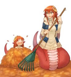  2girls :d ^_^ autumn_leaves bad_link breasts closed_eyes commission dress full_body hair_between_eyes hair_ornament hairclip happy highres holding jacket lamia lolicon long_hair looking_at_another medium_breasts miia_(monster_musume) mika_(miiafag) monster_girl monster_musume_no_iru_nichijou mother_and_daughter multiple_girls oerba_yun_fang open_mouth pointy_ears rake red_hair scales sidelocks simple_background slit_pupils smile sookmo standing sweater sweater_dress sweater_jacket white_background yellow_eyes 