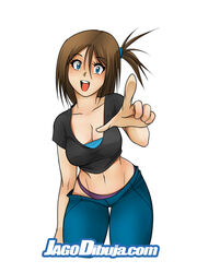  black_shirt blue_eyes blue_pants breasts brown_hair cleavage cowboy_shot crop_top cropped_shirt erika_(living_with_hipstergirl_and_gamergirl) female hair_between_eyes hand_up highres jago_dibuja large_breasts living_with_hipstergirl_and_gamergirl looking_at_viewer medium_hair midriff navel open_mouth pants photoshop_(medium) pointing shirt short_sleeves simple_background smile solo watermark web_address white_background 