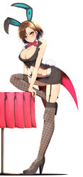  absurdres animal_ears arm_support bad_id bad_pixiv_id bare_shoulders black_footwear black_hairband black_shirt black_skirt blush bow bowtie breasts brown_eyes brown_hair cleavage collar crop_top cropped_shirt detached_collar fake_animal_ears fake_tail female fishnet_thighhighs fishnets full_body garter_belt hairband high_heels highres hitofudegaki_usagi idolmaster idolmaster_cinderella_girls idolmaster_cinderella_girls_starlight_stage leaning_forward looking_at_viewer medium_breasts midriff mizuki_seira navel parted_lips rabbit_ears rabbit_tail red_bow red_bowtie shirt short_hair simple_background skirt solo standing standing_on_one_leg tablecloth tail tailcoat thighhighs white_background white_collar 